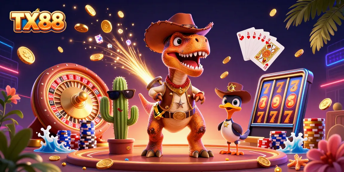 TX88 brings players thrilling casino moments with a T-Rex, cactus, and roadrunner surrounded by coins!