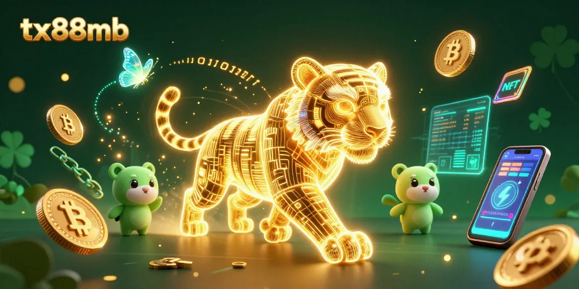 Engage with tx88mb in a vibrant casino scene featuring neon wireframe tiger and crypto elements.