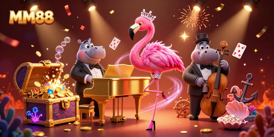 Experience vibrant MM88 gaming action in a lively 3D casino scene featuring musical characters.
