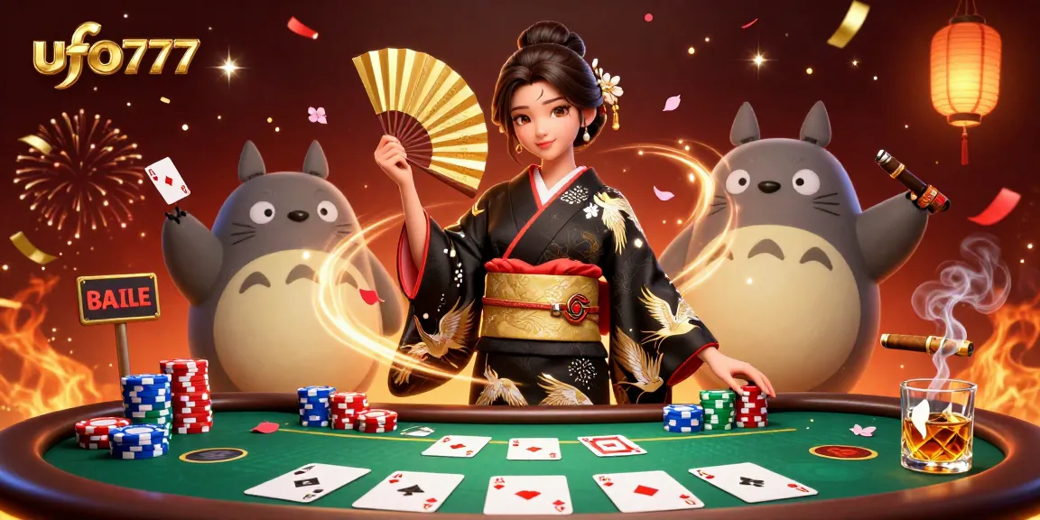 Engage with ufo777 at the vibrant poker table amidst dynamic casino visuals and characters.
