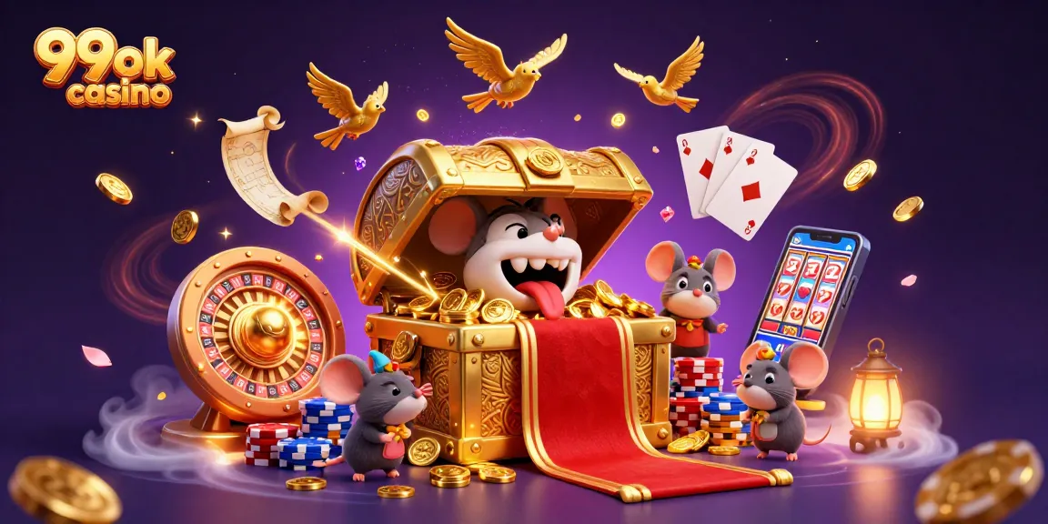 Experience excitement at 99ok casino with 3D treasure chest and dazzling game elements.