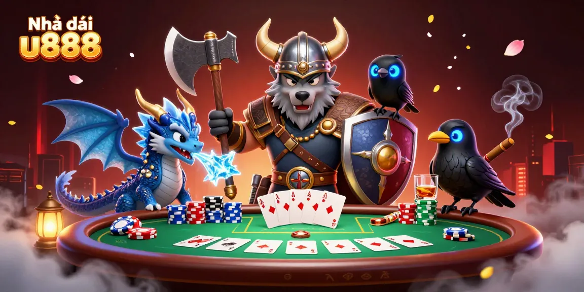 Experience thrilling moments with Nhà cái u888 at the poker table surrounded by a Viking wolf, dragon, and tools of the trade.