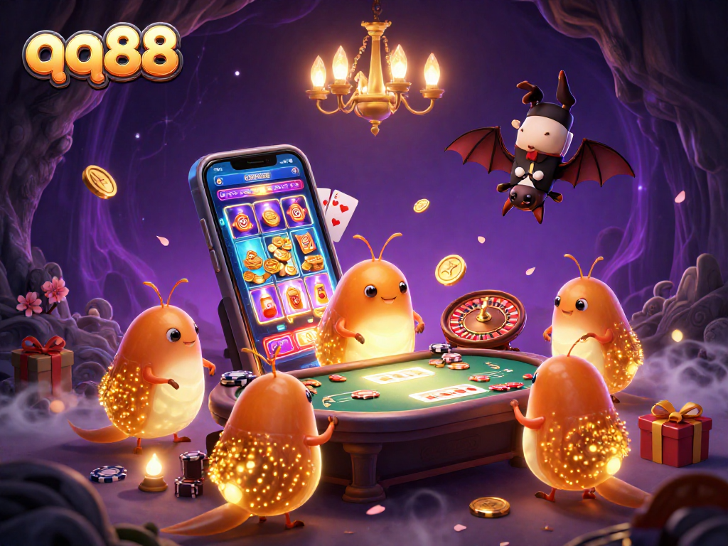 Experience the vibrant qq88 casino atmosphere as glowworms illuminate the scene, with dynamic gaming elements.