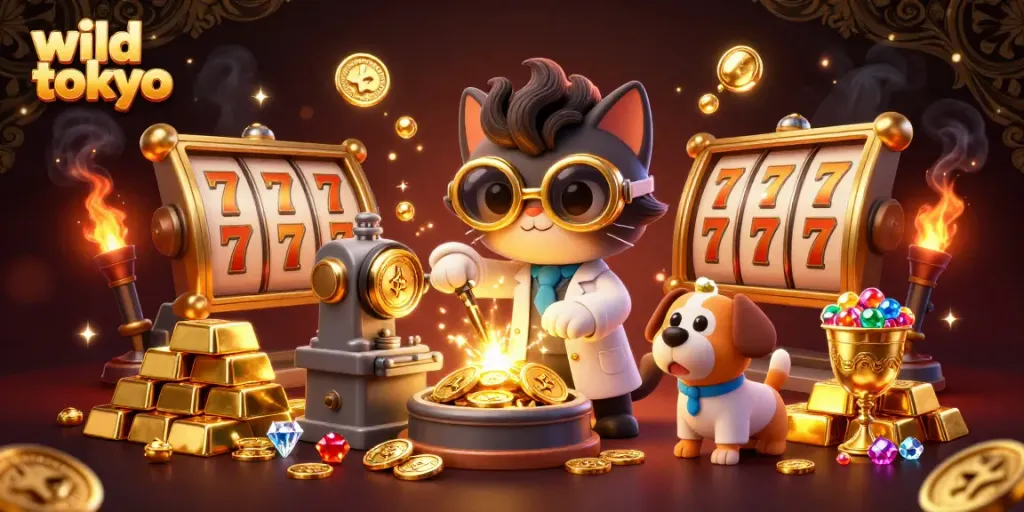 Experience wild tokyo casino thrills with cartoon characters amidst dazzling gold and slots.