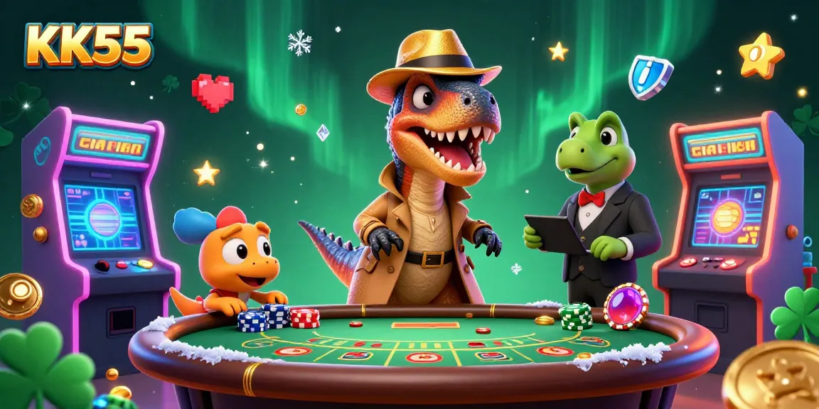 KK55 guides players through blackjack gameplay with dinosaur characters in a fun casino scene.