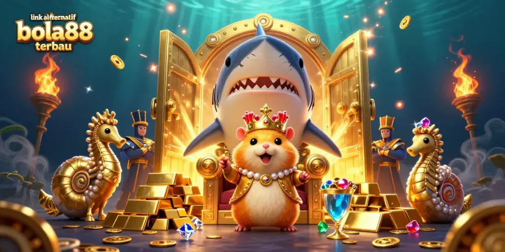 Bets on link alternatif bola88 terbaru with a scene featuring a golden hamster king on a megalodon tooth throne among treasures.