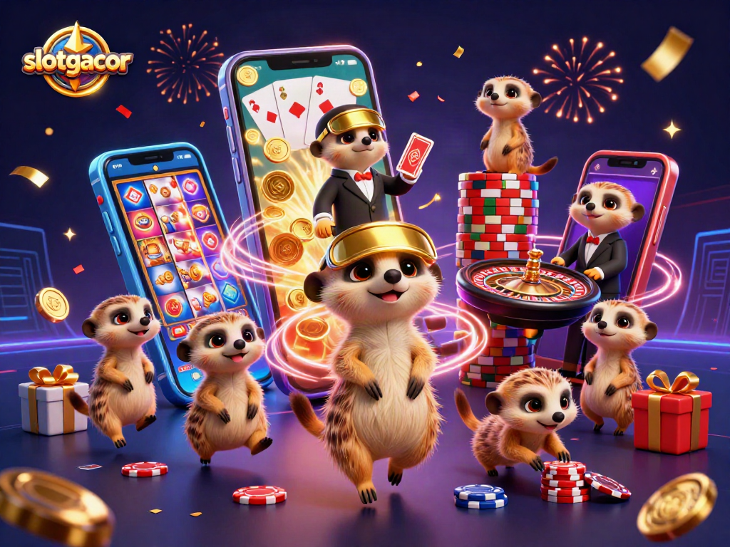 Experience the excitement of slotgacor with meerkats running a vibrant 3D casino operation.