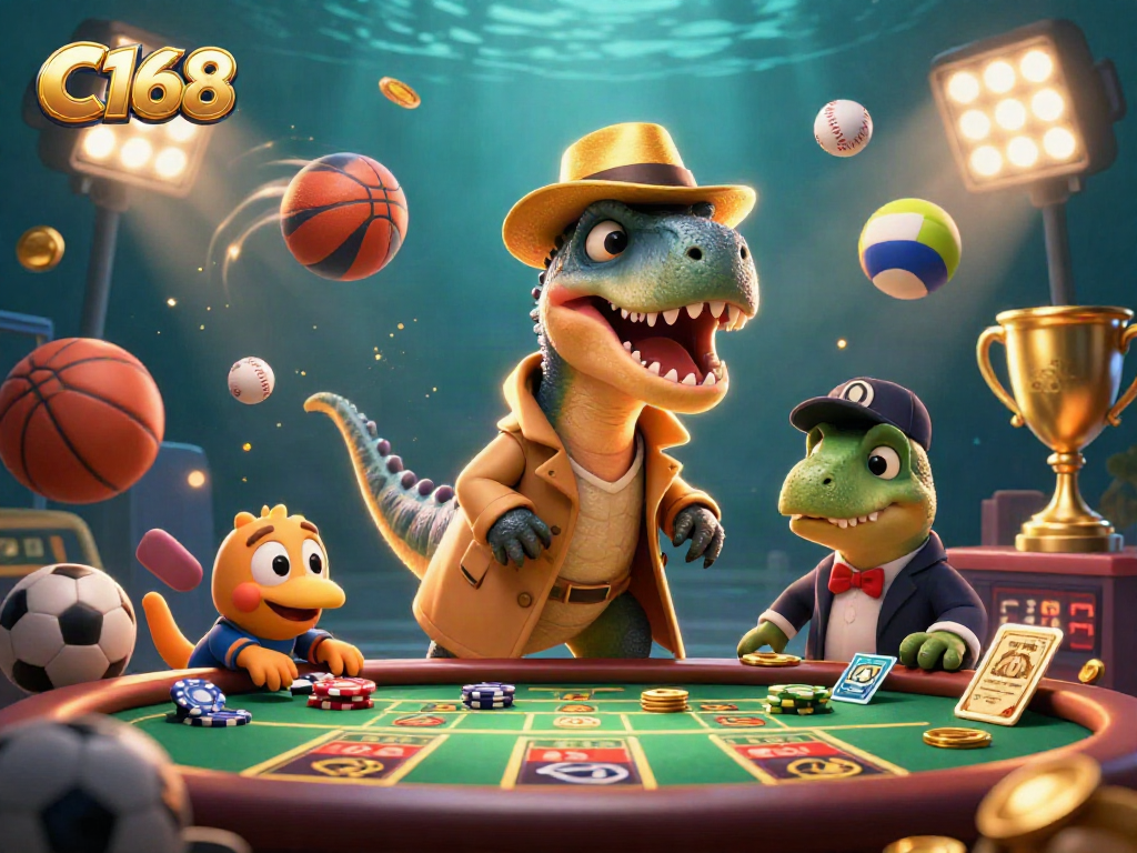 C168 showcases a playful velociraptor at a sports betting table, surrounded by dynamic sporting elements.