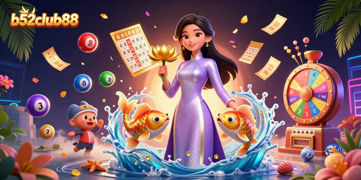 Experience the thrill of b52club88 with a vibrant 3D scene showing a woman in traditional attire surrounded by diverse gaming elements.