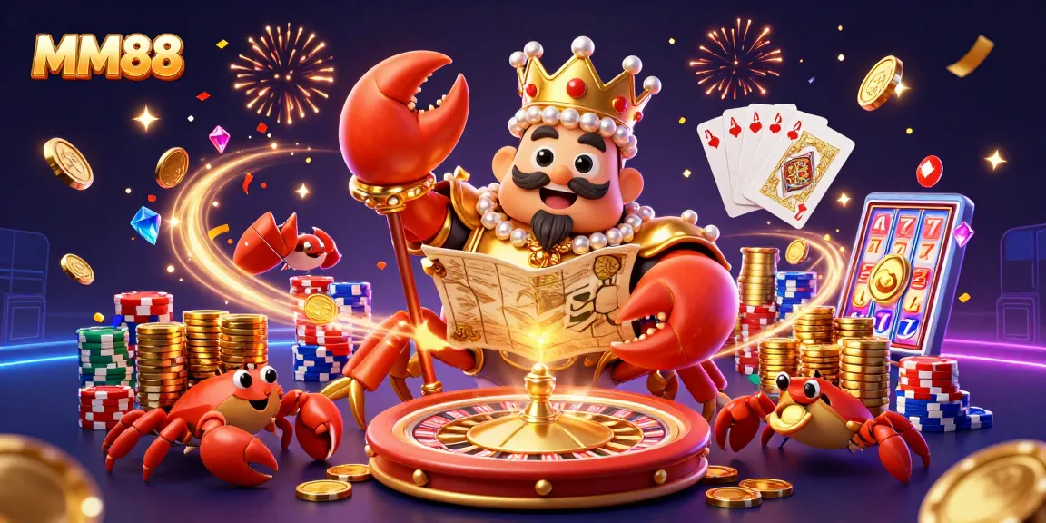 Join the MM88 gaming adventure with a golden crab emperor, treasure map, and chips in a vibrant casino scene.