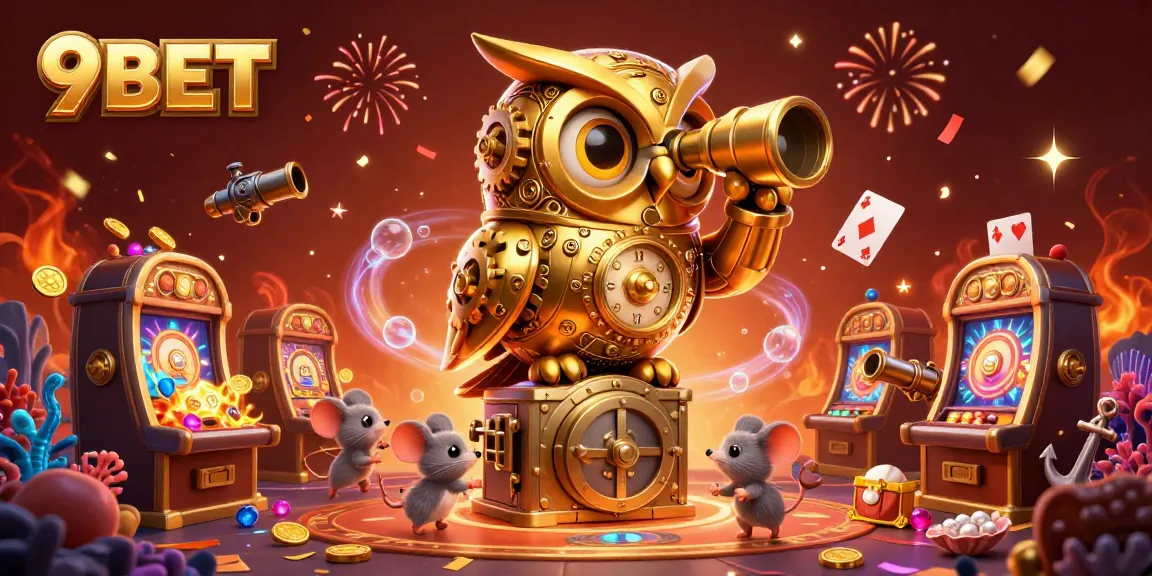 Experience the thrill of 9BET as the golden owl oversees the dynamic casino scene filled with treasures and games.
