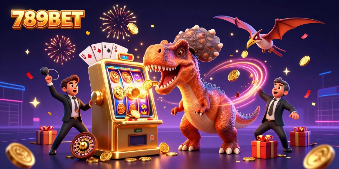 Witness 789BET's exciting casino action with a cartoon dinosaur and golden slots!