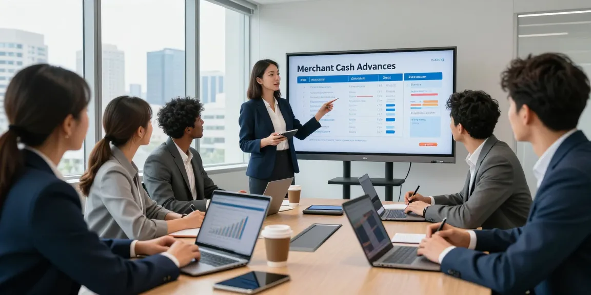 Team discussing the best merchant cash advance UK no credit check options in a modern office setting with engaging presentation elements.