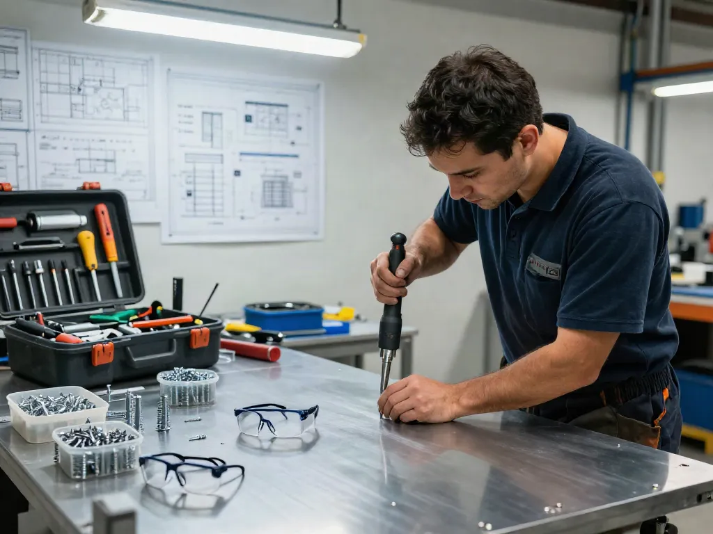 Tecnico esperto che utilizza un attrezzo per rivetti in un ambiente di lavoro industriale, evidenziando la precisione e la qualità dei prodotti rivit.