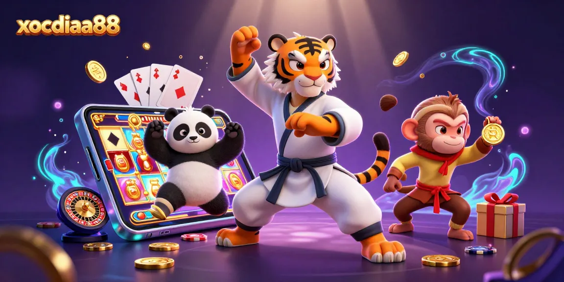 xocdiaa88 showcases thrilling gameplay with a kung fu master, panda disciple, and monkey student in a dynamic casino setting.