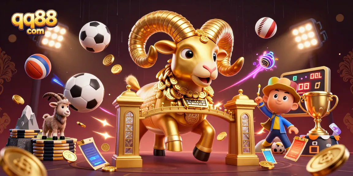Engage in thrilling action with qq88 com at a vibrant online casino featuring a golden ram and sports elements.
