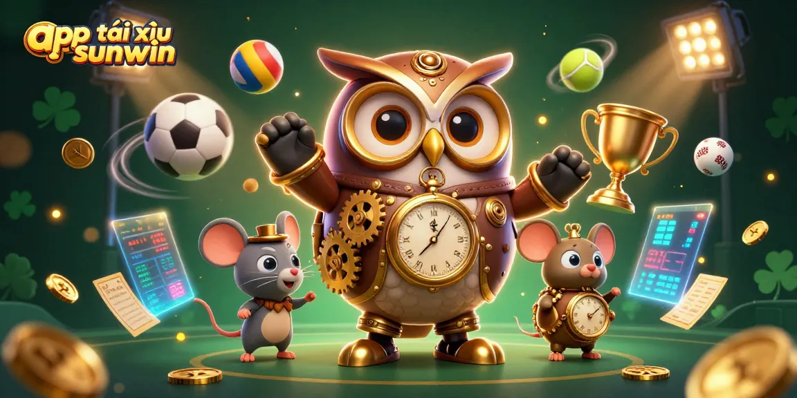 Engage with app tài xỉu sunwin in a vibrant 3D casino scene featuring a time-traveling owl and sports elements.