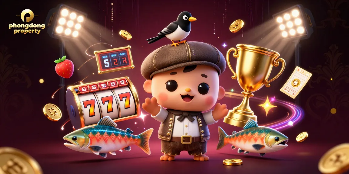 Experience vibrant slots excitement with phuongdongproperty's engaging illustrated scene of 3D characters and gambling elements.