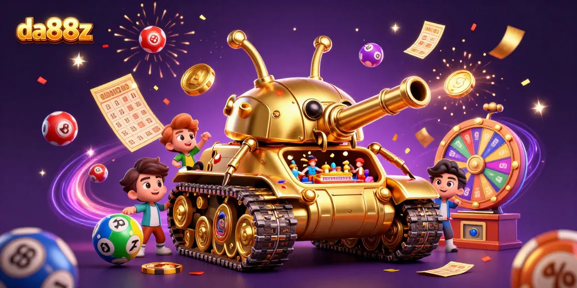 Game elements fly with da88z's fun lottery theme, colorful balls and a golden tank casino.
