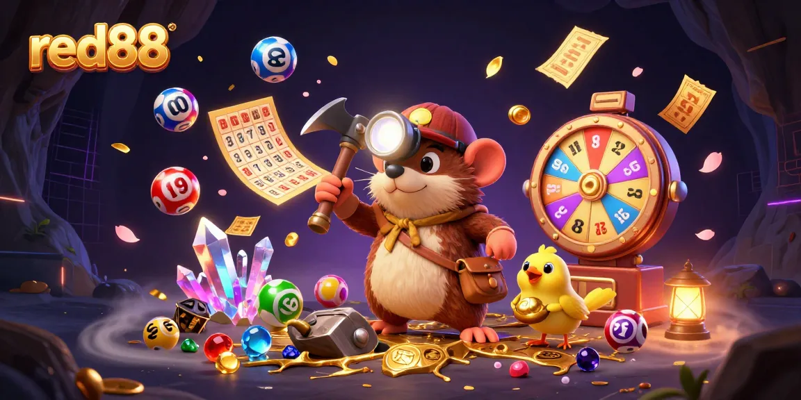 Win big with red88 in a vibrant 3D scene featuring a treasure hunter mole and dynamic gambling elements.
