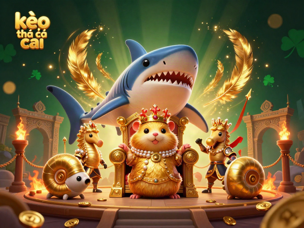 Experience kèo nhà cái with a unique 3D illustration of a hamster king and royal guards in a vibrant casino atmosphere.