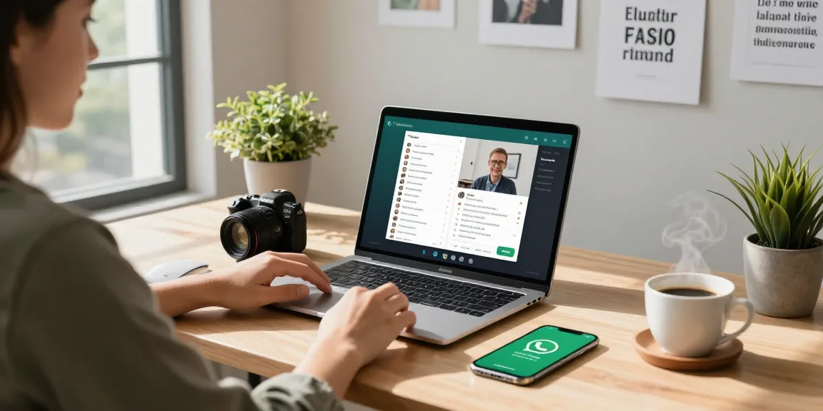 Comfortable home office featuring WhatsApp電腦版 in use on a laptop, showcasing digital communication.