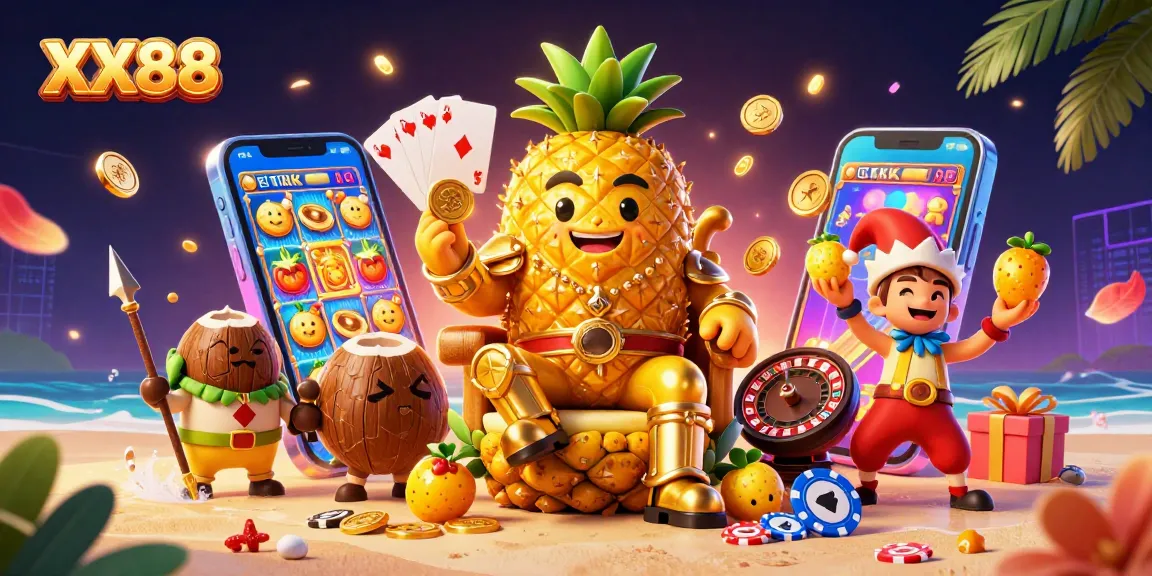 XX88 players engaging in vibrant beach casino fun with animated characters and exciting game elements.