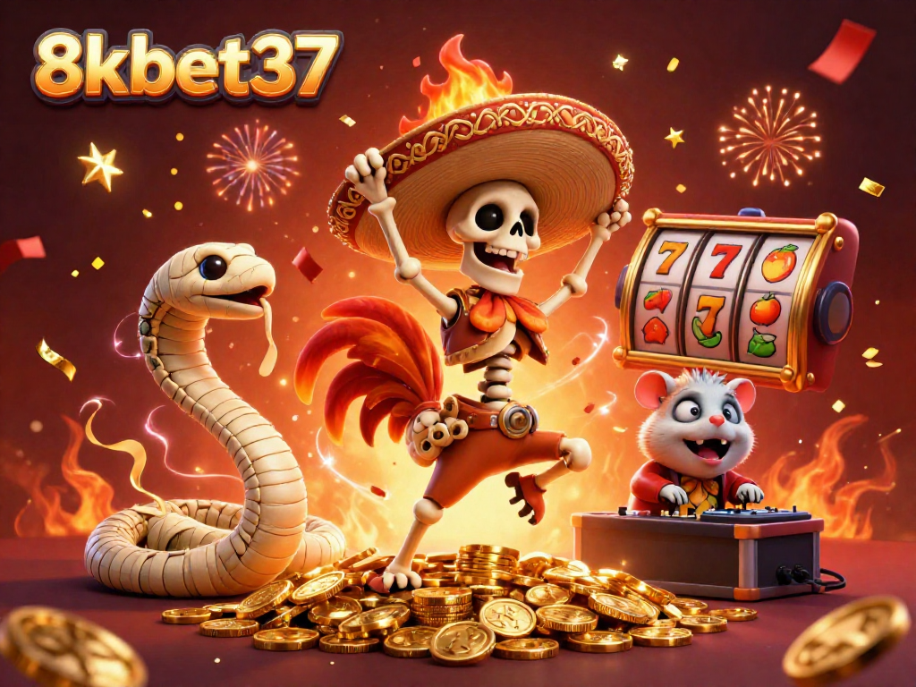 Celebrate winning spins at 8kbet37 with a vibrant casino scene featuring unique characters.