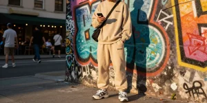 Modello elegante che indossa tuta trapstar originale in un contesto urbano, mostrando la moda streetwear.