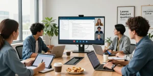Team collaborating in a bright office during a virtual meeting on the WPS Official Website, showcasing modern work environments.