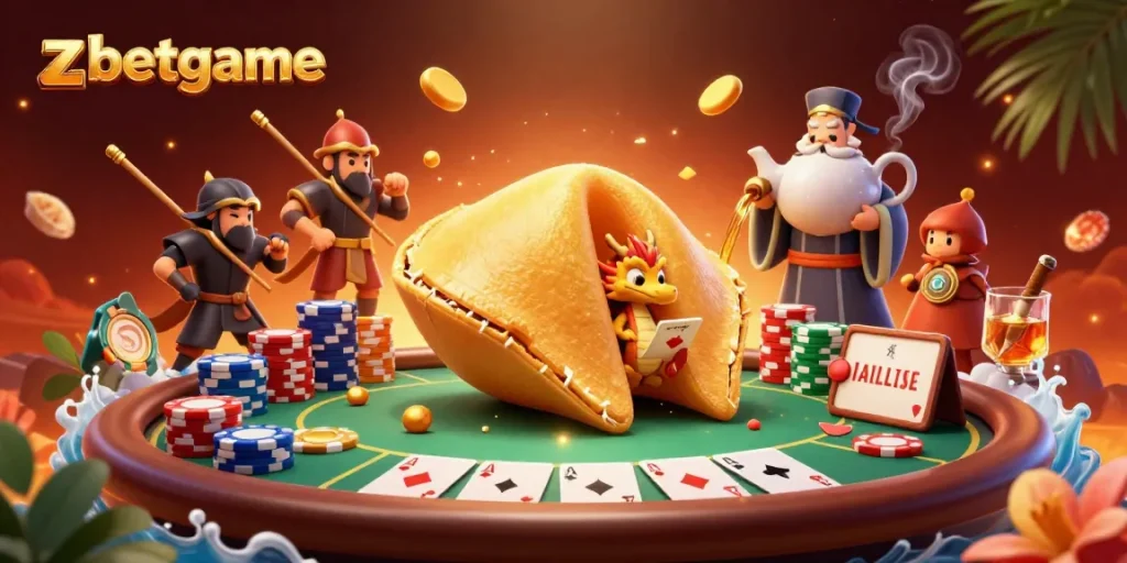 Engage in thrilling poker at zbetgame with a vibrant 3D illustration featuring a fortune cookie and gaming elements.